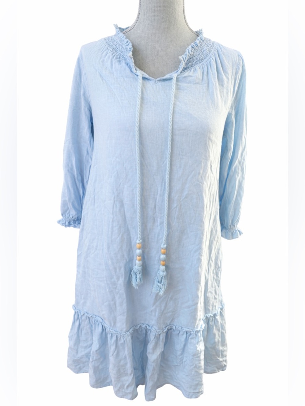 Yakira Bella Linen Blend Boho Tunic Dress Blue Medium Tassel Tie